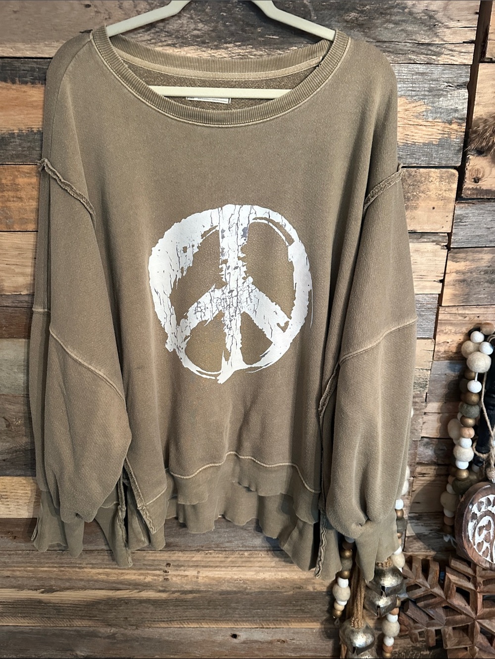 Free people , Olive Green Peace Sign Distressed Pullover Camden